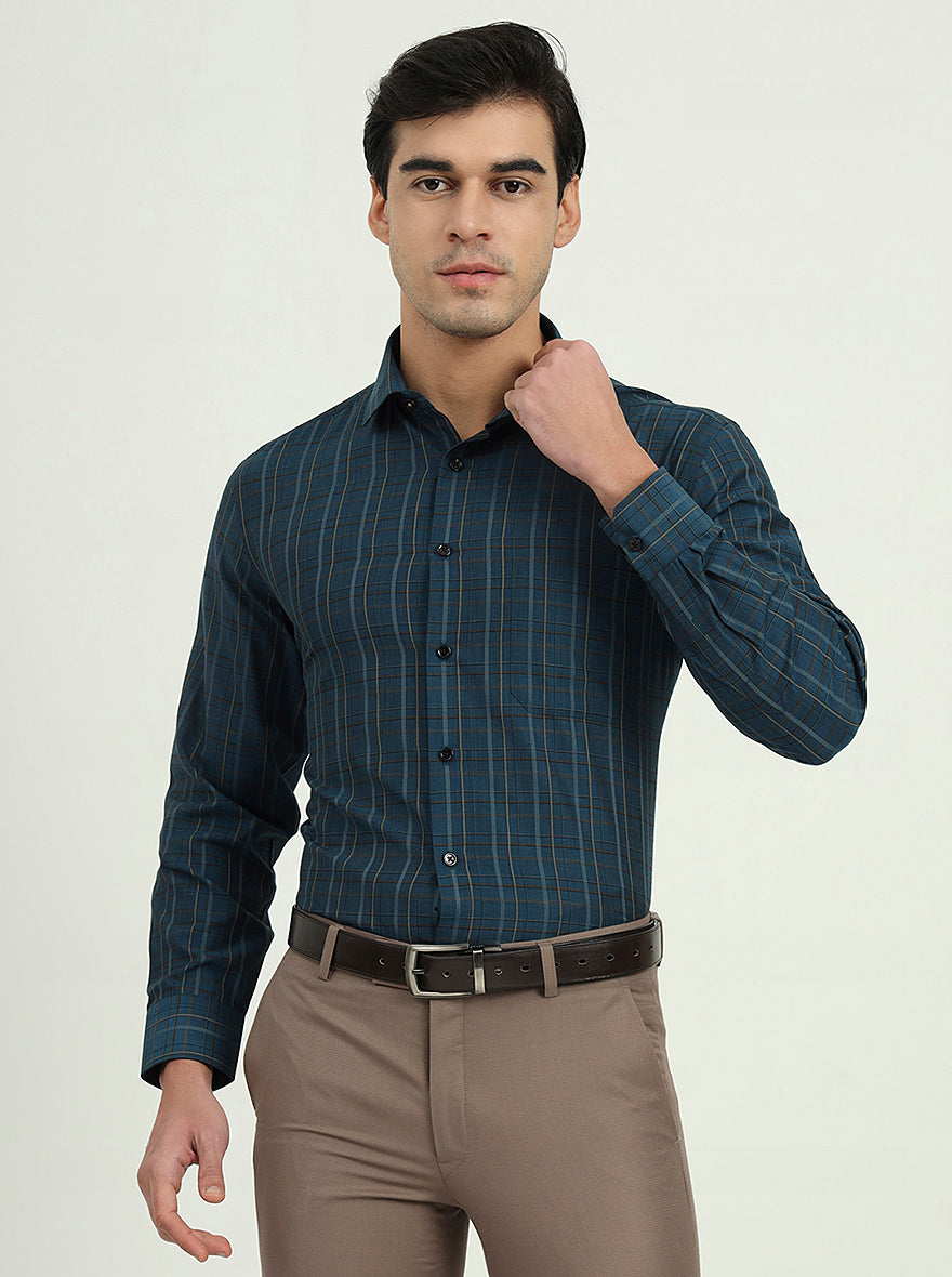 Navy Blue Checked Regular Fit Formal Shirt | Greenfibre