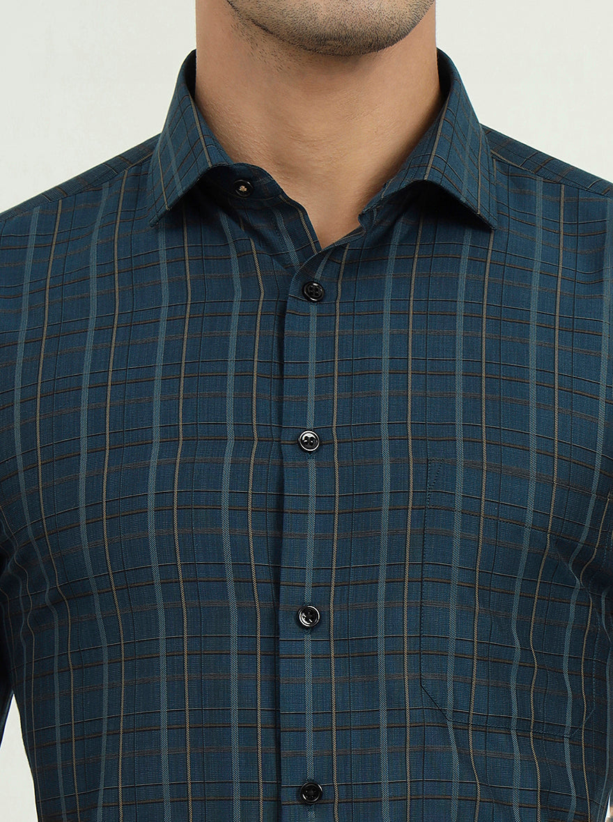 Navy Blue Checked Regular Fit Formal Shirt | Greenfibre