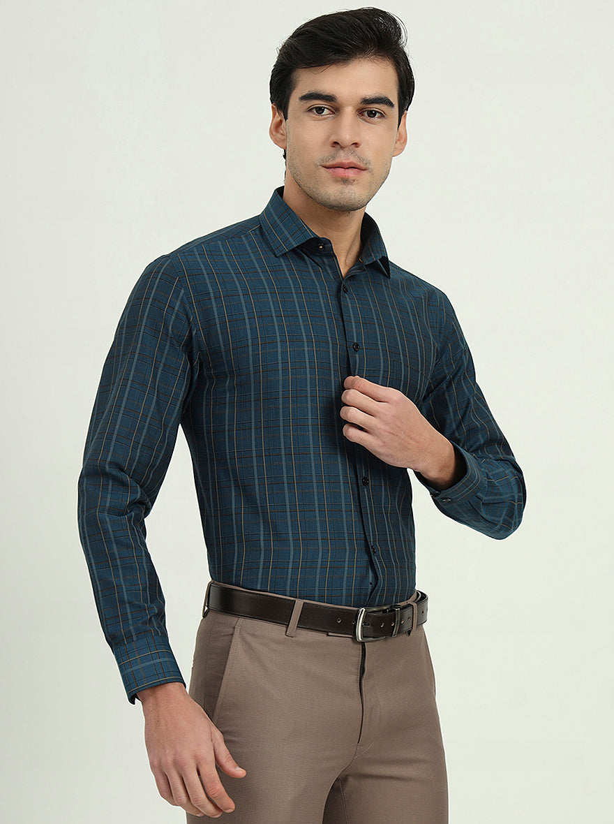 Navy Blue Checked Regular Fit Formal Shirt | Greenfibre