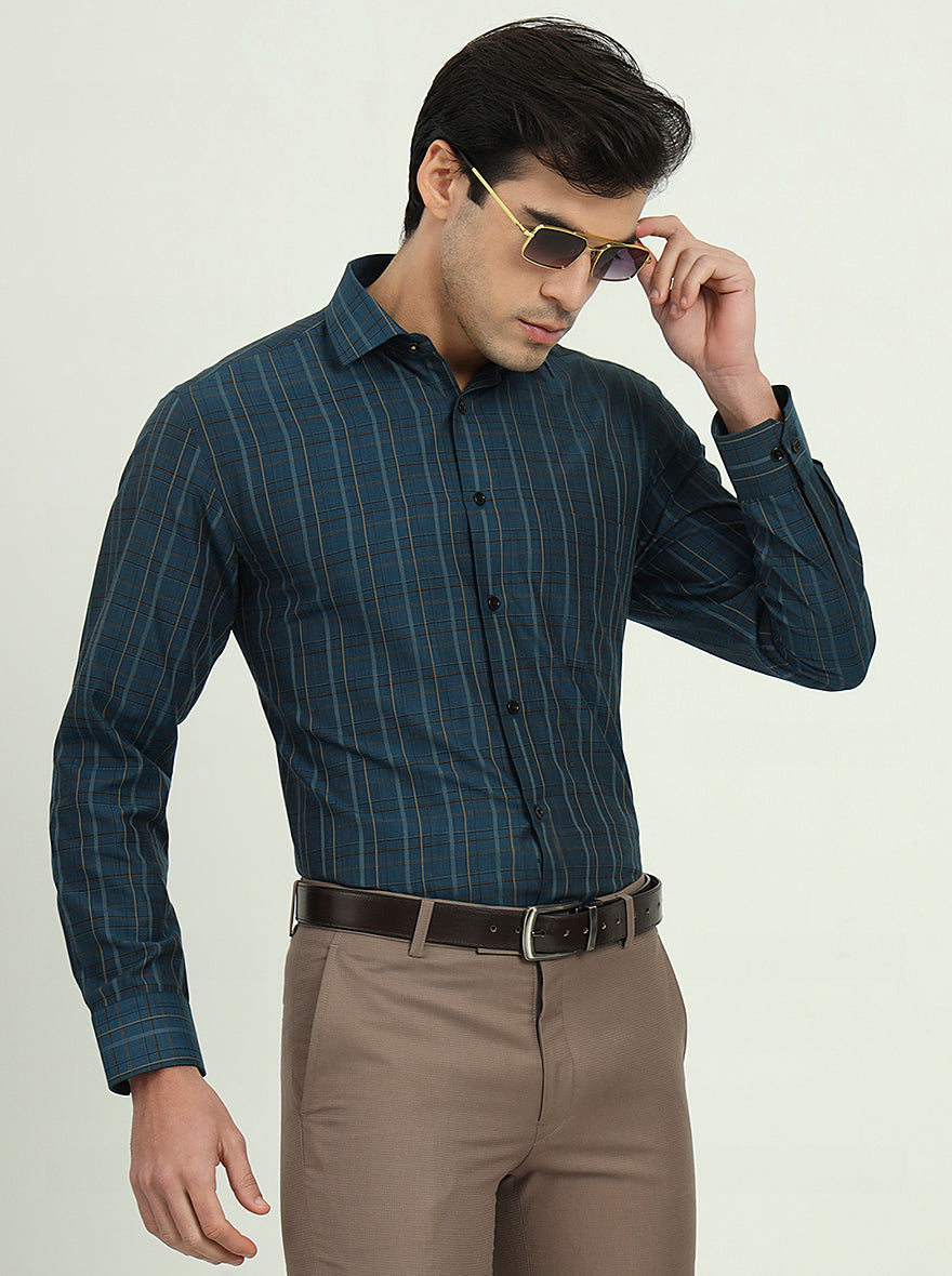 Navy Blue Checked Regular Fit Formal Shirt | Greenfibre
