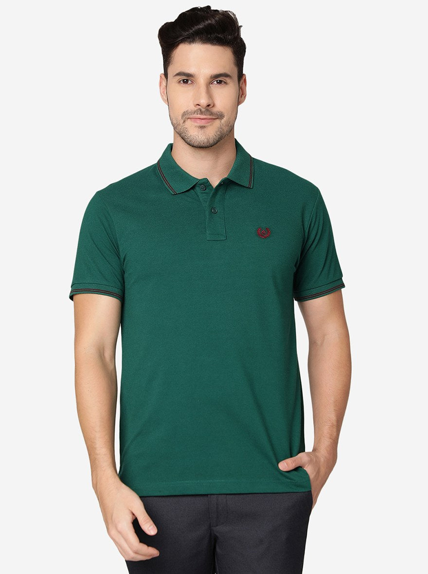 Dark Green Solid Slim Fit Polo T-Shirt | Greenfibre