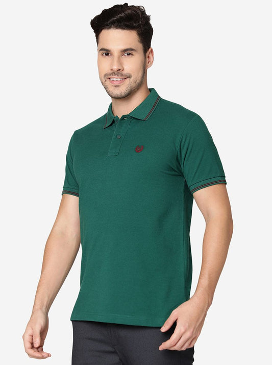 Dark Green Solid Slim Fit Polo T-Shirt | Greenfibre