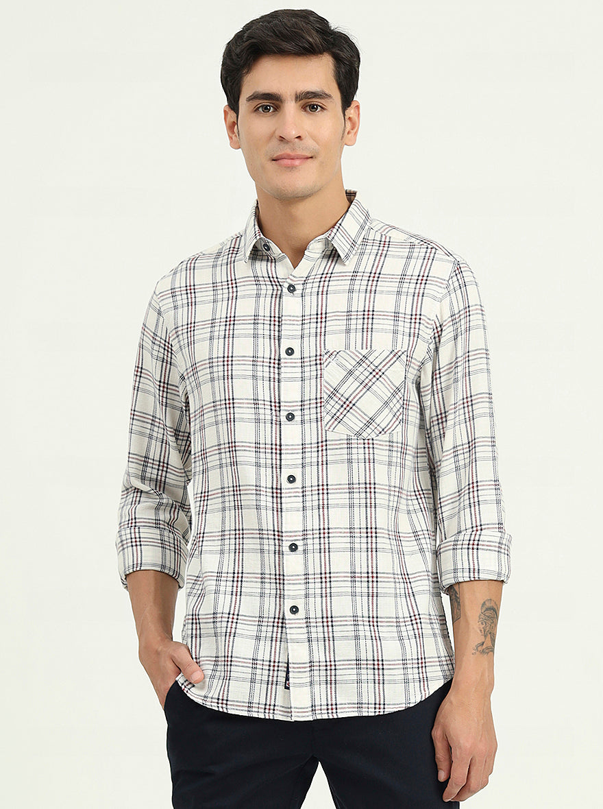 Cream & Blue Checked Slim Fit Casual Shirt | Greenfibre