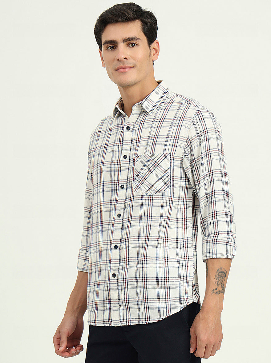 Cream & Blue Checked Slim Fit Casual Shirt | Greenfibre