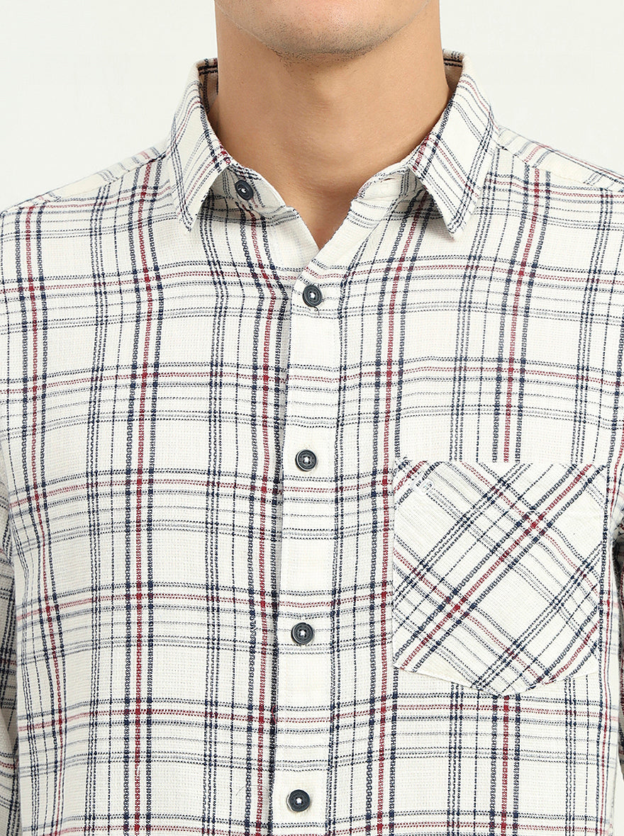 Cream & Blue Checked Slim Fit Casual Shirt | Greenfibre