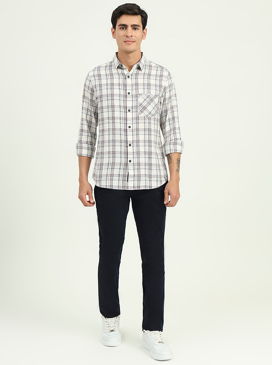 Cream & Blue Checked Slim Fit Casual Shirt | Greenfibre