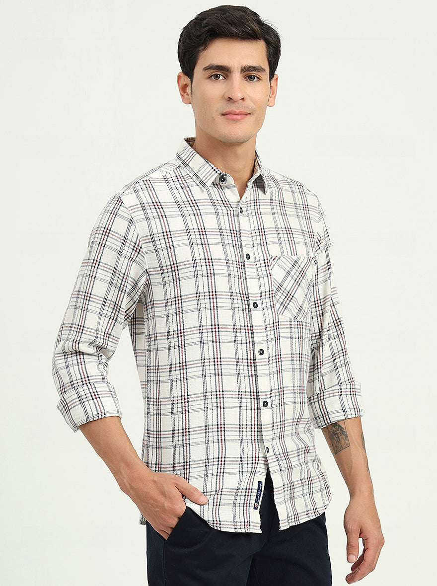 Cream & Blue Checked Slim Fit Casual Shirt | Greenfibre
