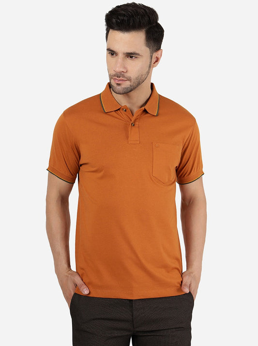 Leather Brown Solid Slim Fit Polo T-Shirt | Greenfibre