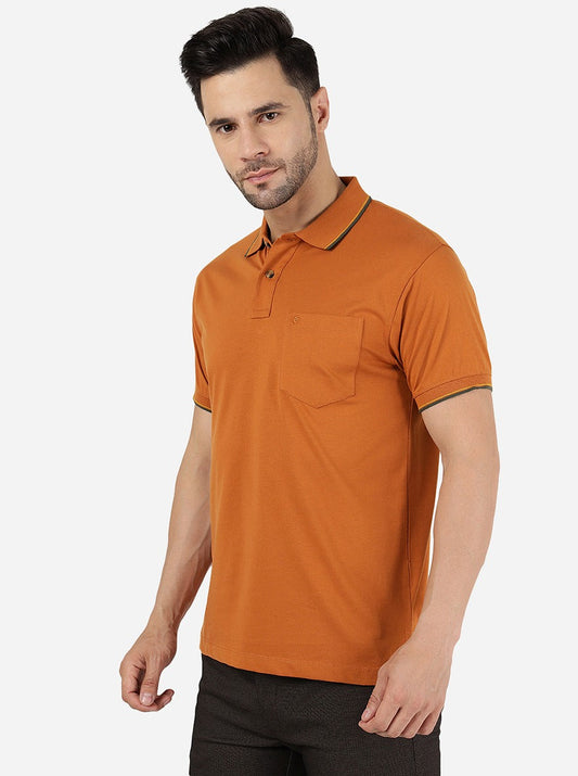 Leather Brown Solid Slim Fit Polo T-Shirt | Greenfibre