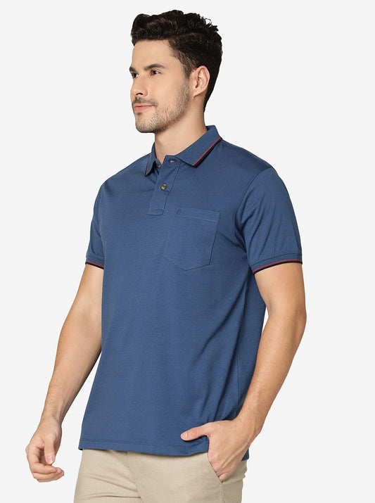 Blue Solid Slim Fit Polo T-Shirt | Greenfibre