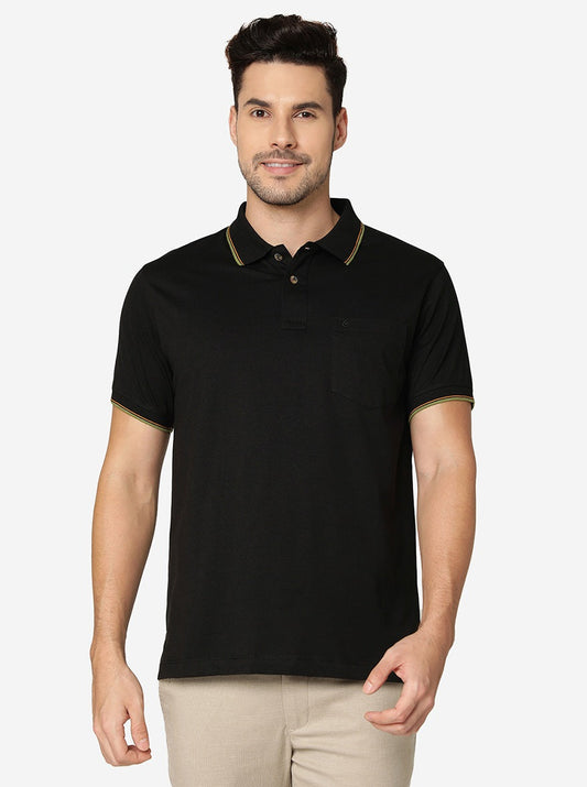 Jet Black Solid Slim Fit Polo T-Shirt | Greenfibre