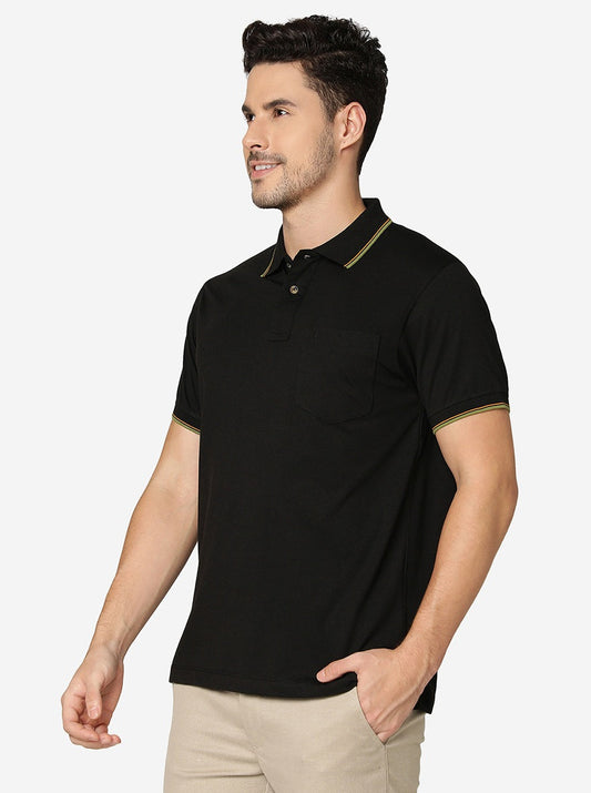 Jet Black Solid Slim Fit Polo T-Shirt | Greenfibre
