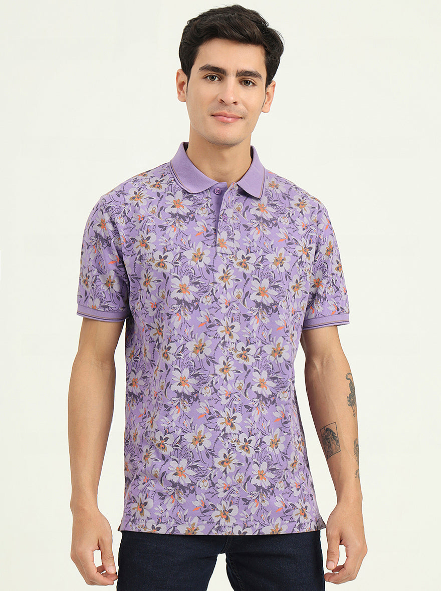 Lavender Printed Slim Fit Polo T-Shirt | Greenfibre