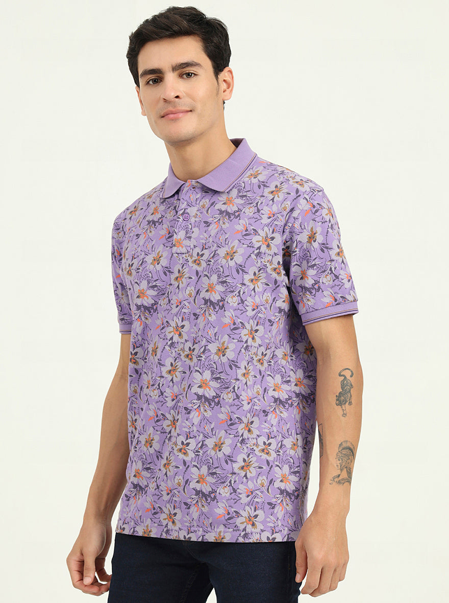 Lavender Printed Slim Fit Polo T-Shirt | Greenfibre