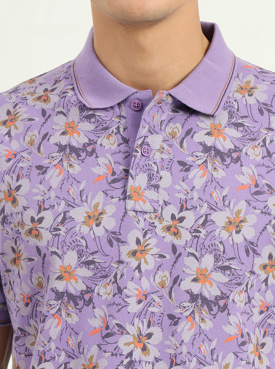 Lavender Printed Slim Fit Polo T-Shirt | Greenfibre