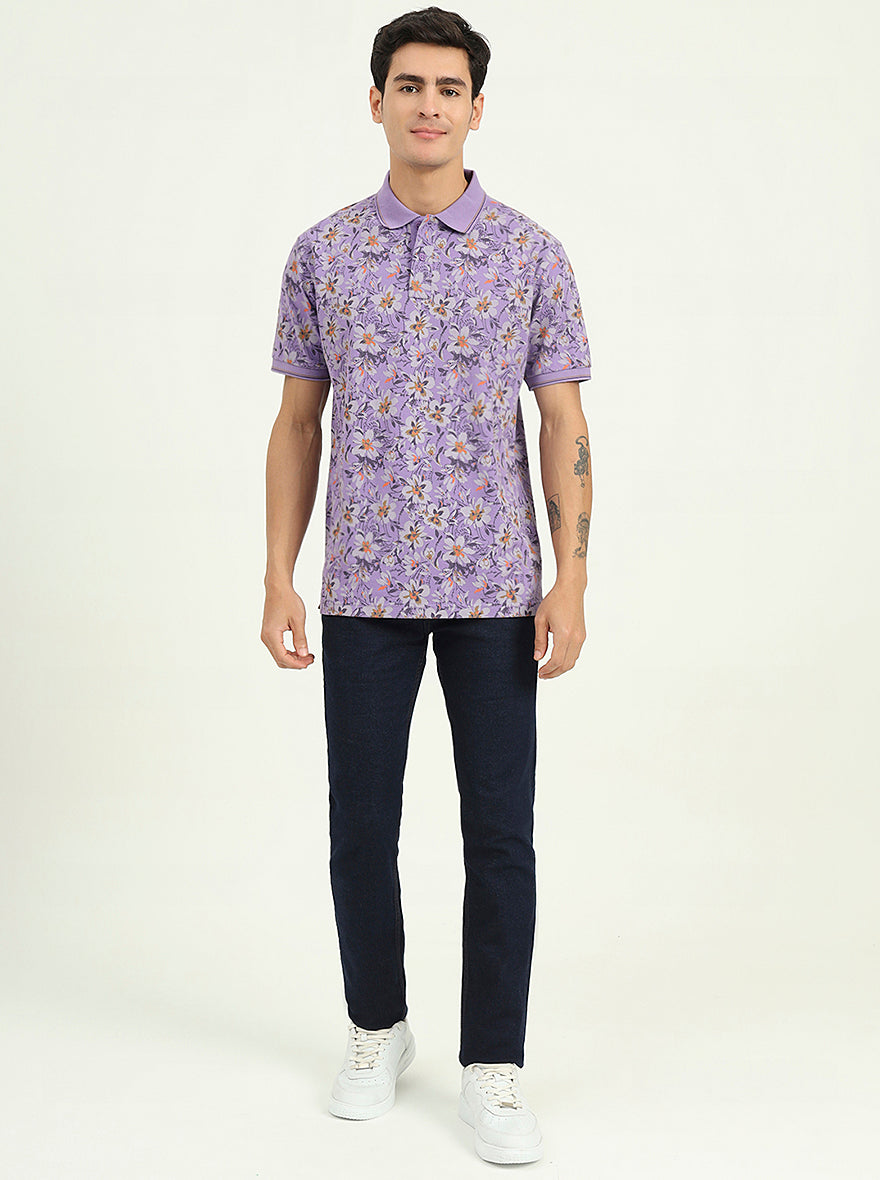 Lavender Printed Slim Fit Polo T-Shirt | Greenfibre