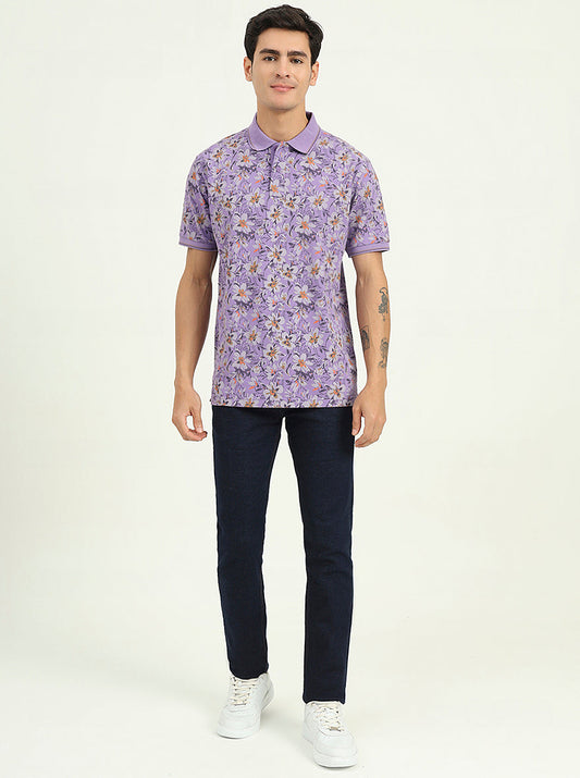Lavender Printed Slim Fit Polo T-Shirt | Greenfibre