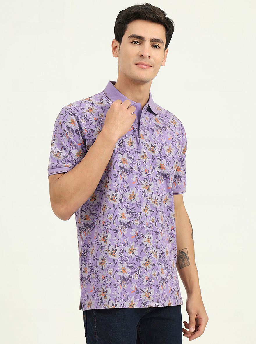 Lavender Printed Slim Fit Polo T-Shirt | Greenfibre