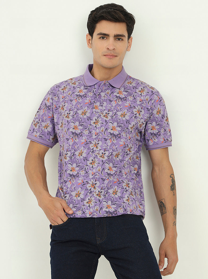 Lavender Printed Slim Fit Polo T-Shirt | Greenfibre