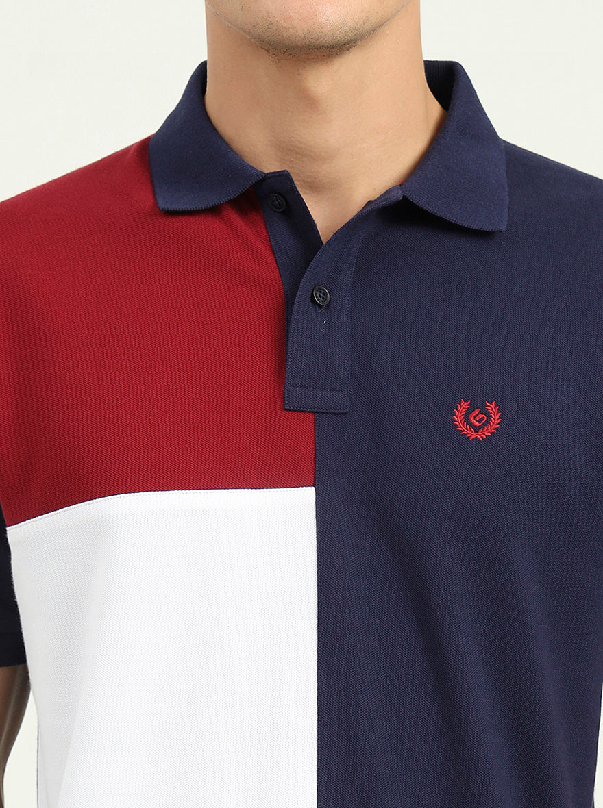 Navy Blue & White Striped Slim Fit Polo T-Shirt | Greenfibre