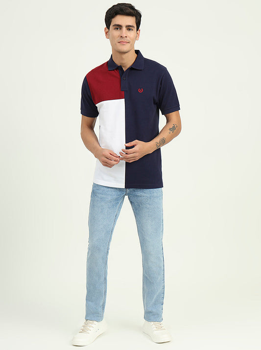 Navy Blue & White Striped Slim Fit Polo T-Shirt | Greenfibre