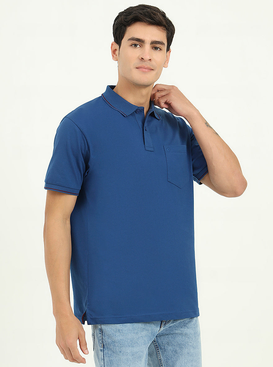 Indigo Blue Solid Slim Fit Polo T-Shirt | Greenfibre