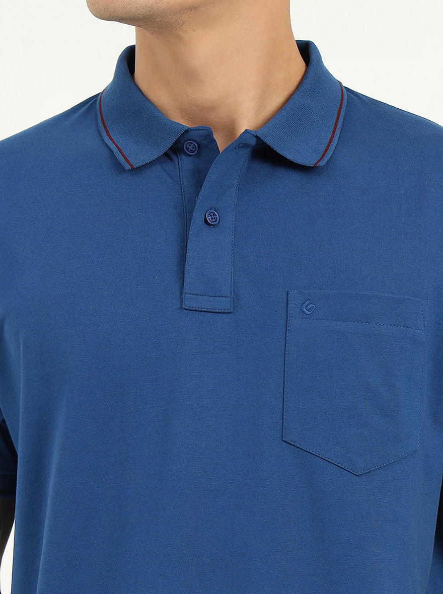 Indigo Blue Solid Slim Fit Polo T-Shirt | Greenfibre