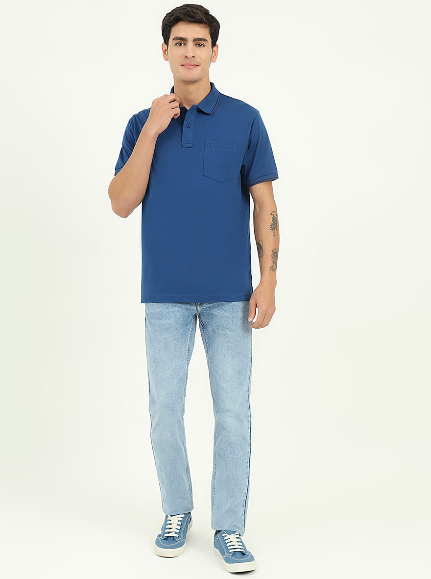 Indigo Blue Solid Slim Fit Polo T-Shirt | Greenfibre