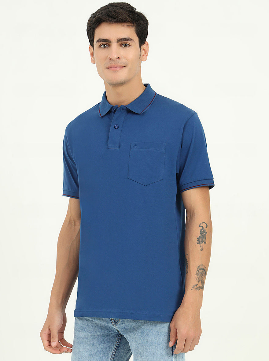 Indigo Blue Solid Slim Fit Polo T-Shirt | Greenfibre