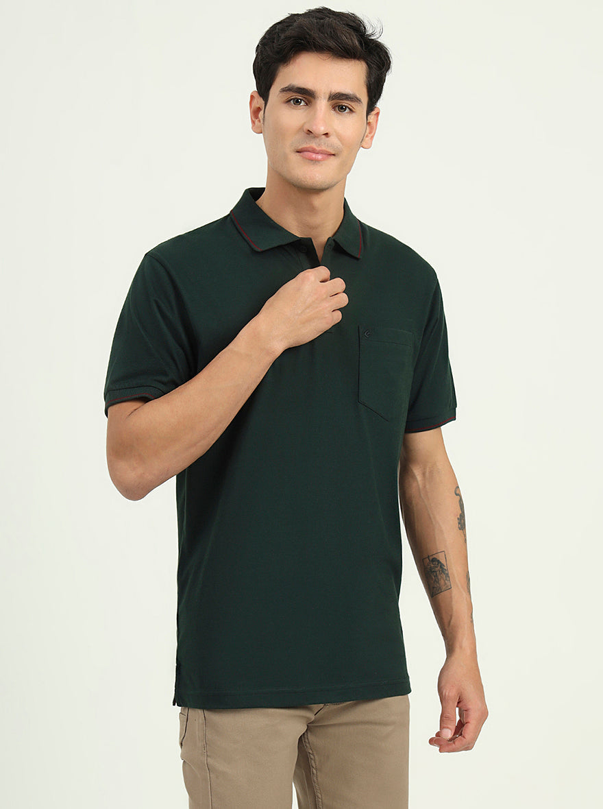 Bottle Green Solid Slim Fit Polo T-Shirt | Greenfibre