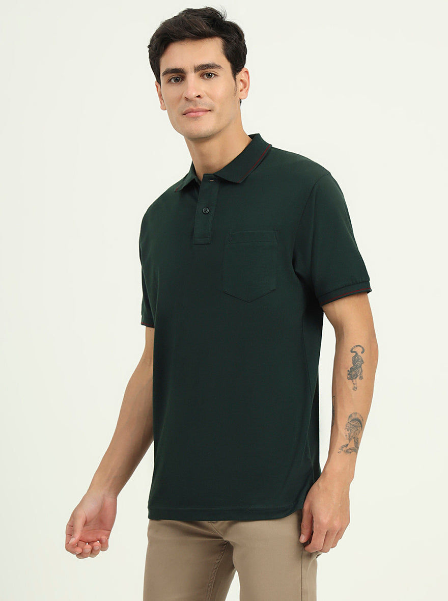 Bottle Green Solid Slim Fit Polo T-Shirt | Greenfibre