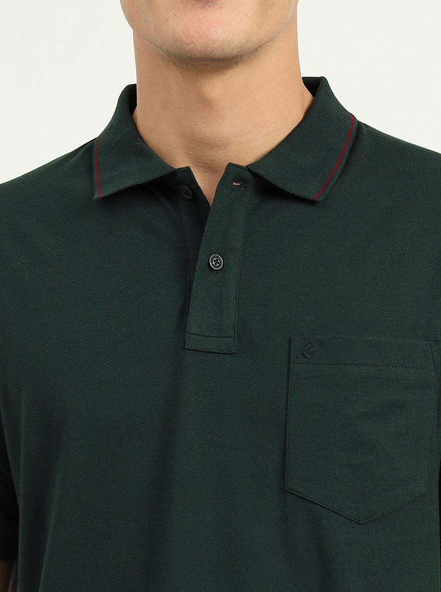 Bottle Green Solid Slim Fit Polo T-Shirt | Greenfibre