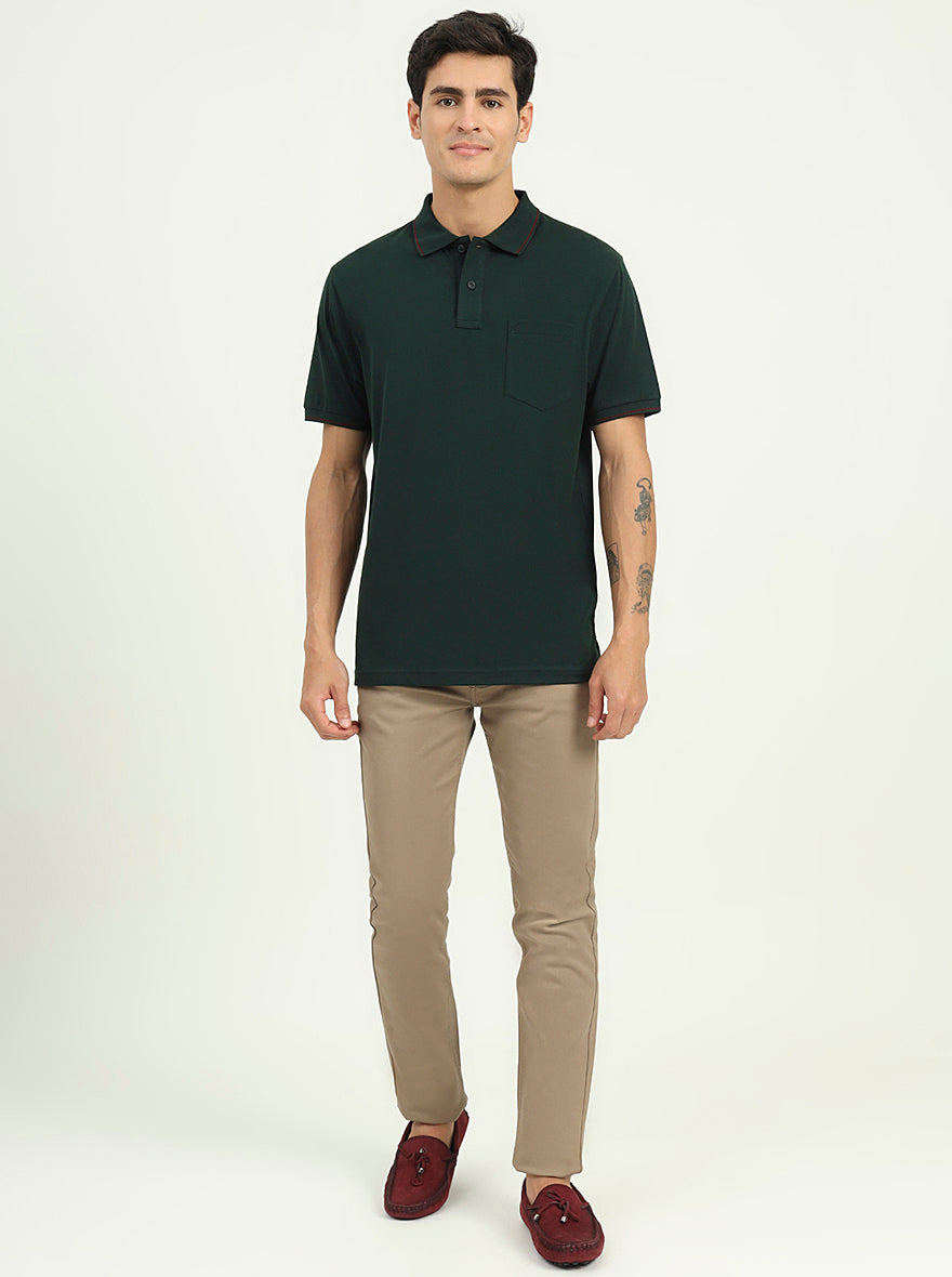 Bottle Green Solid Slim Fit Polo T-Shirt | Greenfibre
