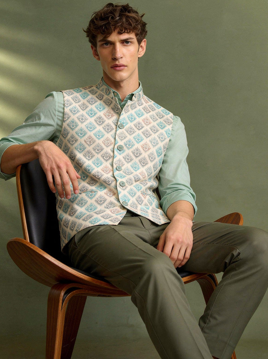 Cream Printed Waistcoat | Greenfibre