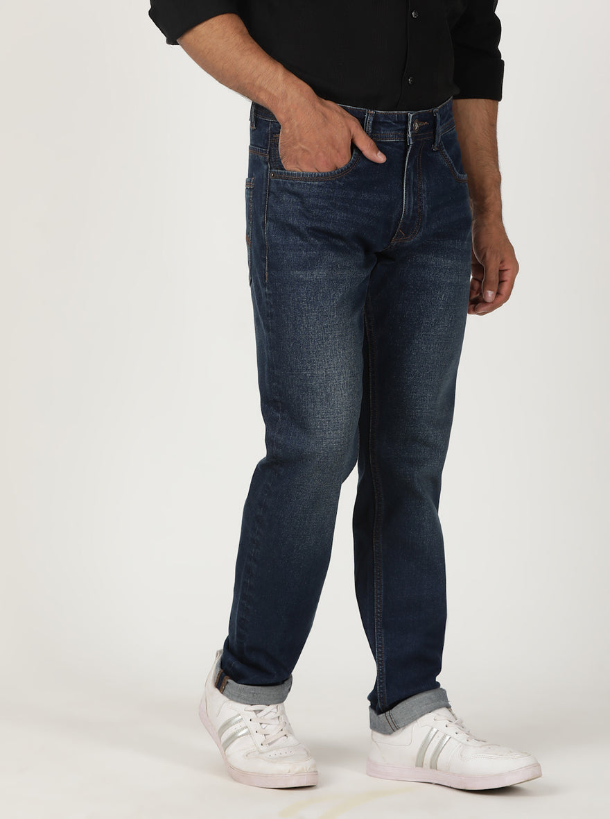 Tinted Dark Blue Washed Slim Fit Jeans | Greenfibre
