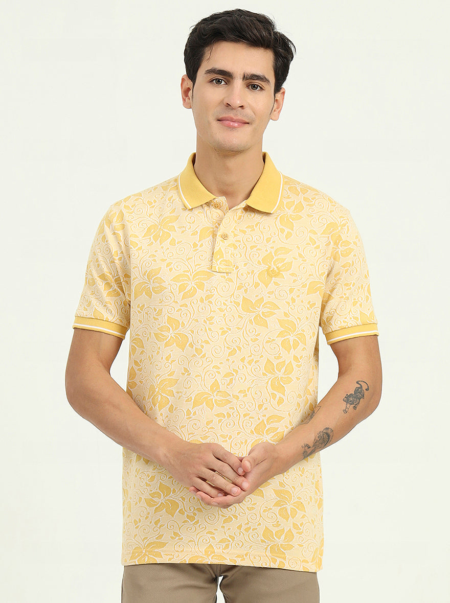 Light Yellow Printed Slim Fit Polo T-Shirt | Greenfibre