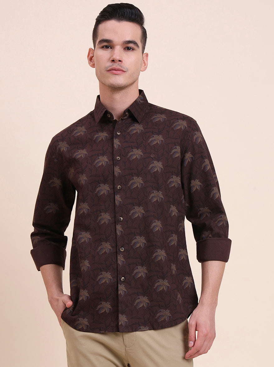 Dark Brown Printed Slim Fit Casual Shirt | Greenfibre