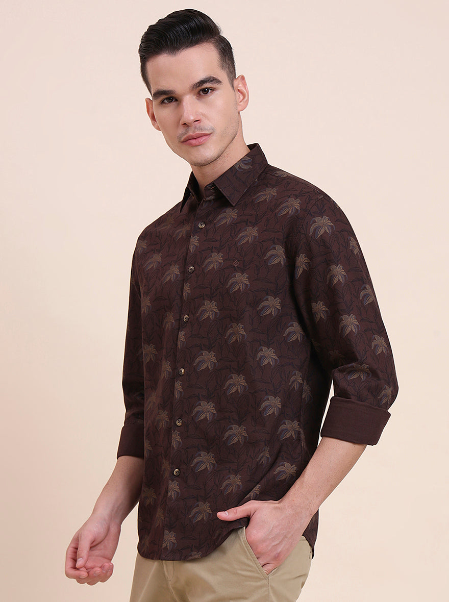Dark Brown Printed Slim Fit Casual Shirt | Greenfibre