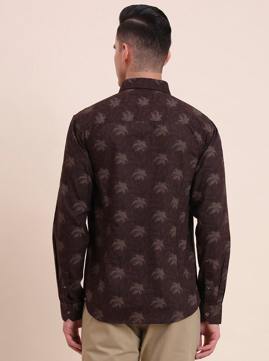 Dark Brown Printed Slim Fit Casual Shirt | Greenfibre
