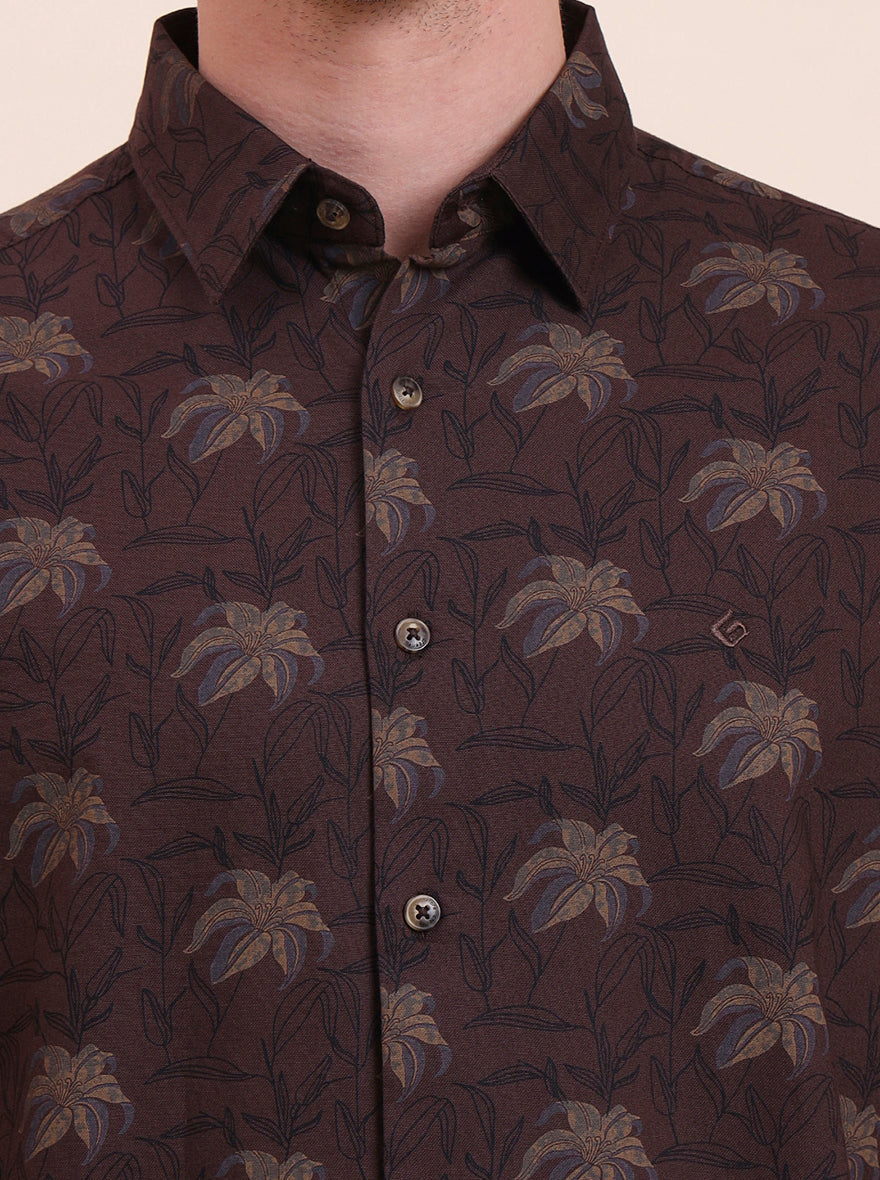 Dark Brown Printed Slim Fit Casual Shirt | Greenfibre