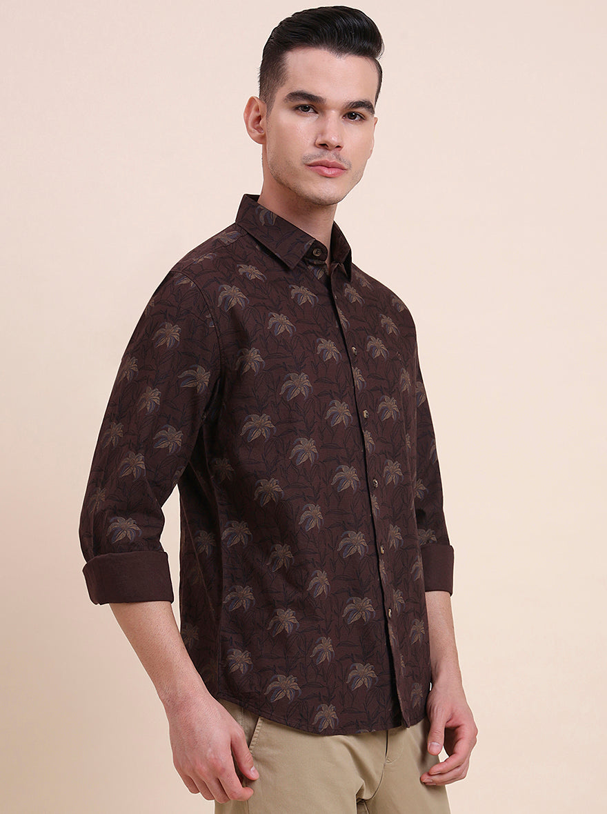 Dark Brown Printed Slim Fit Casual Shirt | Greenfibre