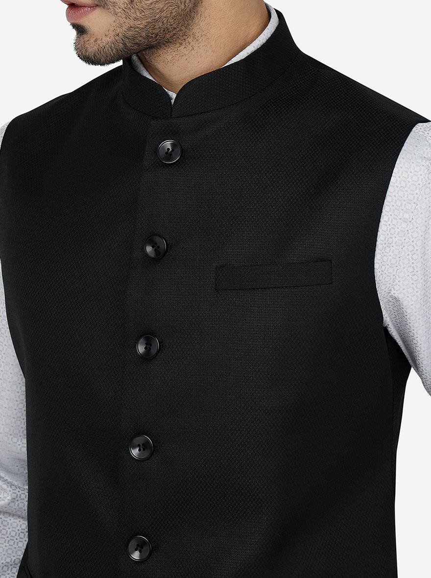 Black Solid Regular Fit Bandhgala Jacket | Greenfibre