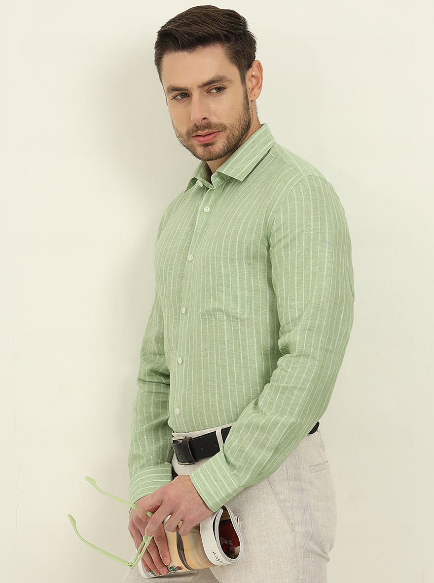 Green Striped Regular Fit Formal Shirt | JadeBlue