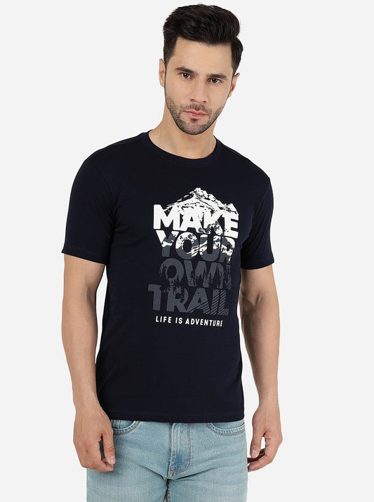 Dark Blue Printed Slim Fit T-Shirt | Greenfibre