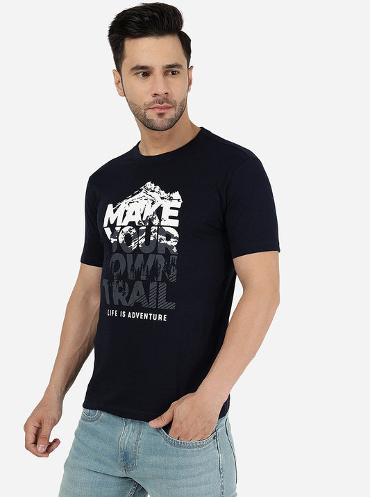 Dark Blue Printed Slim Fit T-Shirt | Greenfibre
