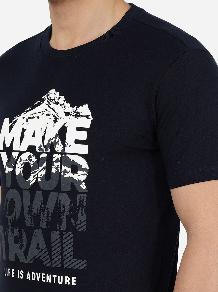 Dark Blue Printed Slim Fit T-Shirt | Greenfibre
