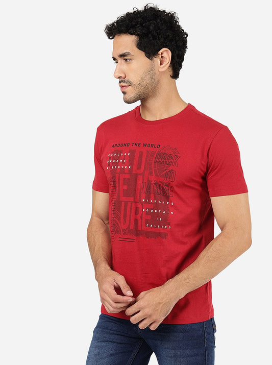 Maroon Printed Slim Fit T-Shirt | Greenfibre