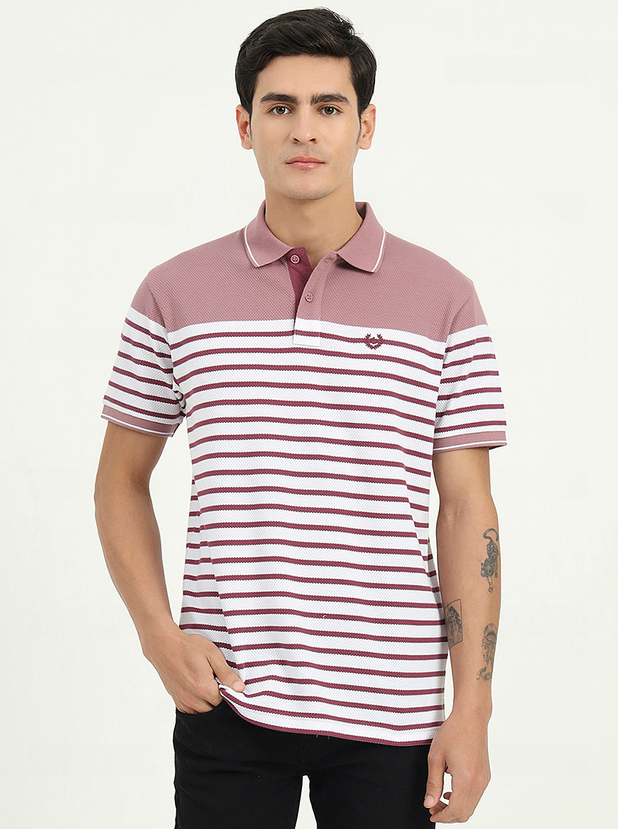 White & Mauve Striped Slim Fit Polo T-Shirt | Greenfibre