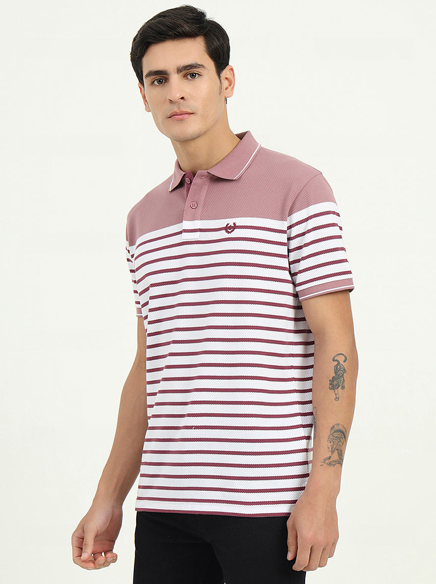 White & Mauve Striped Slim Fit Polo T-Shirt | Greenfibre