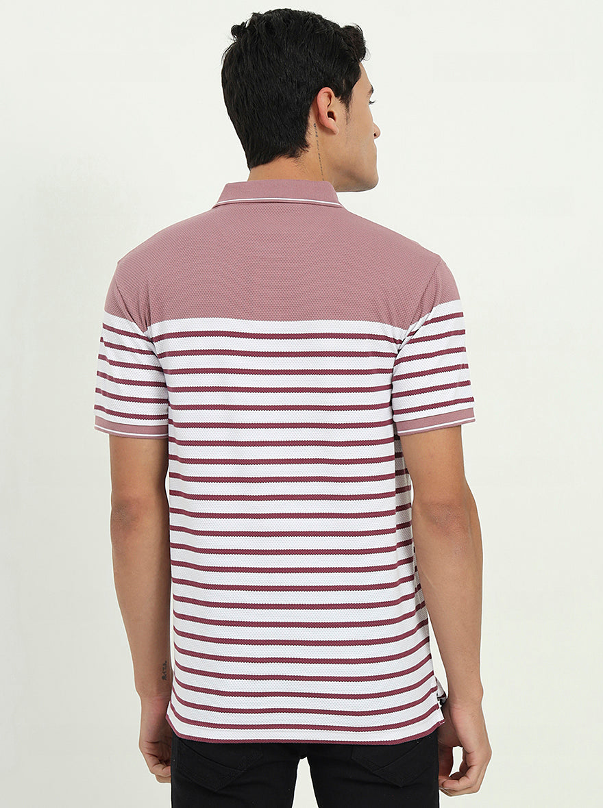 White & Mauve Striped Slim Fit Polo T-Shirt | Greenfibre